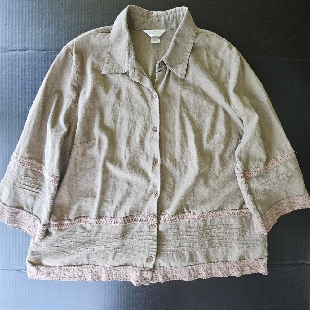 CJ Banks Linen Blend Crochet Lace Trim Pintuck Button Down Top Olive Green 2X